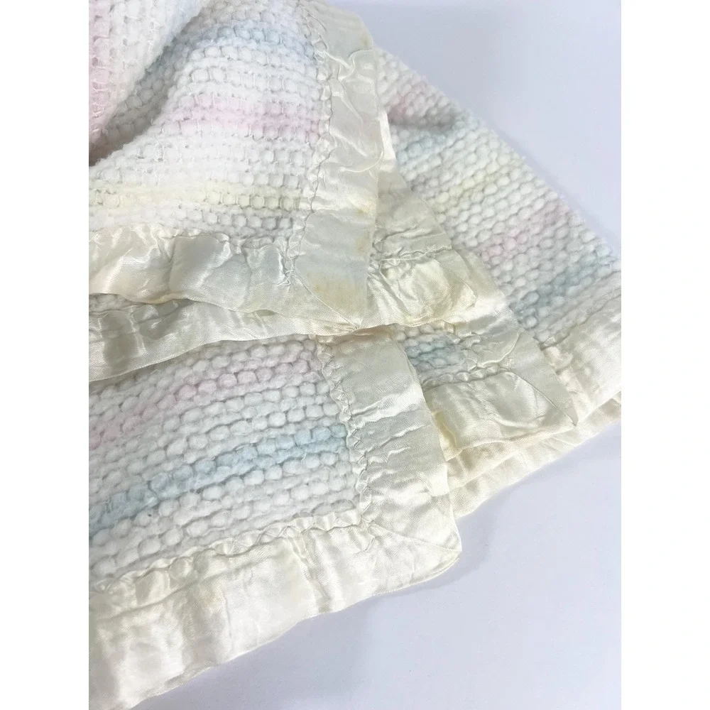 Vintage Chatham Acrylic Baby Blanket Waffle Weave Pastel Stripe Silky 